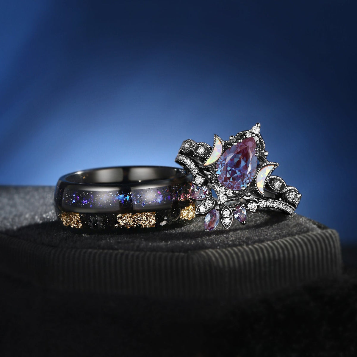 Crescent Moon | Pear Cut Lab Alexandrite 'Ultra Galaxy' / Double Electroplated Couple Bridal Ring Set