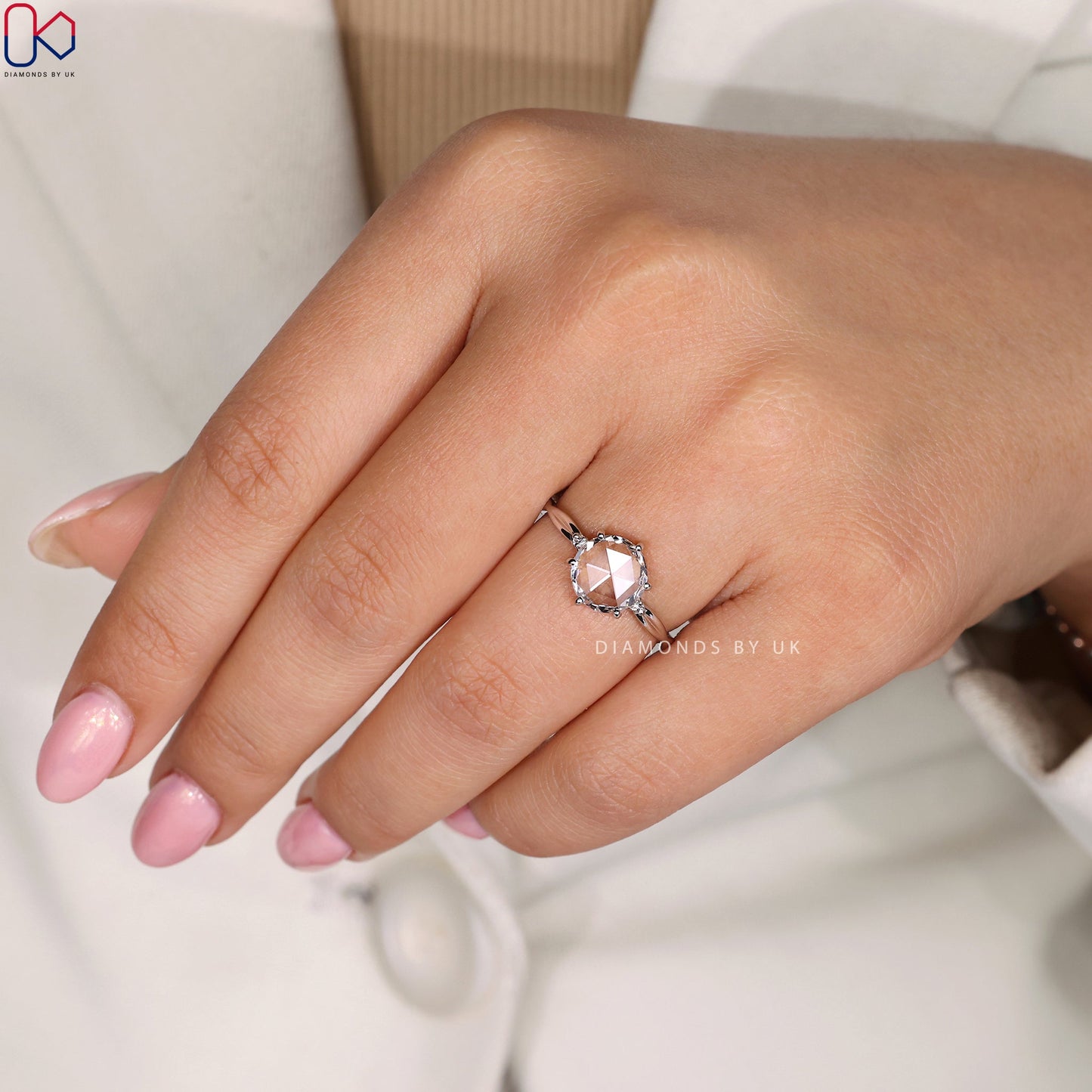 Rose Cut Diamond Ring with Round Side Stone