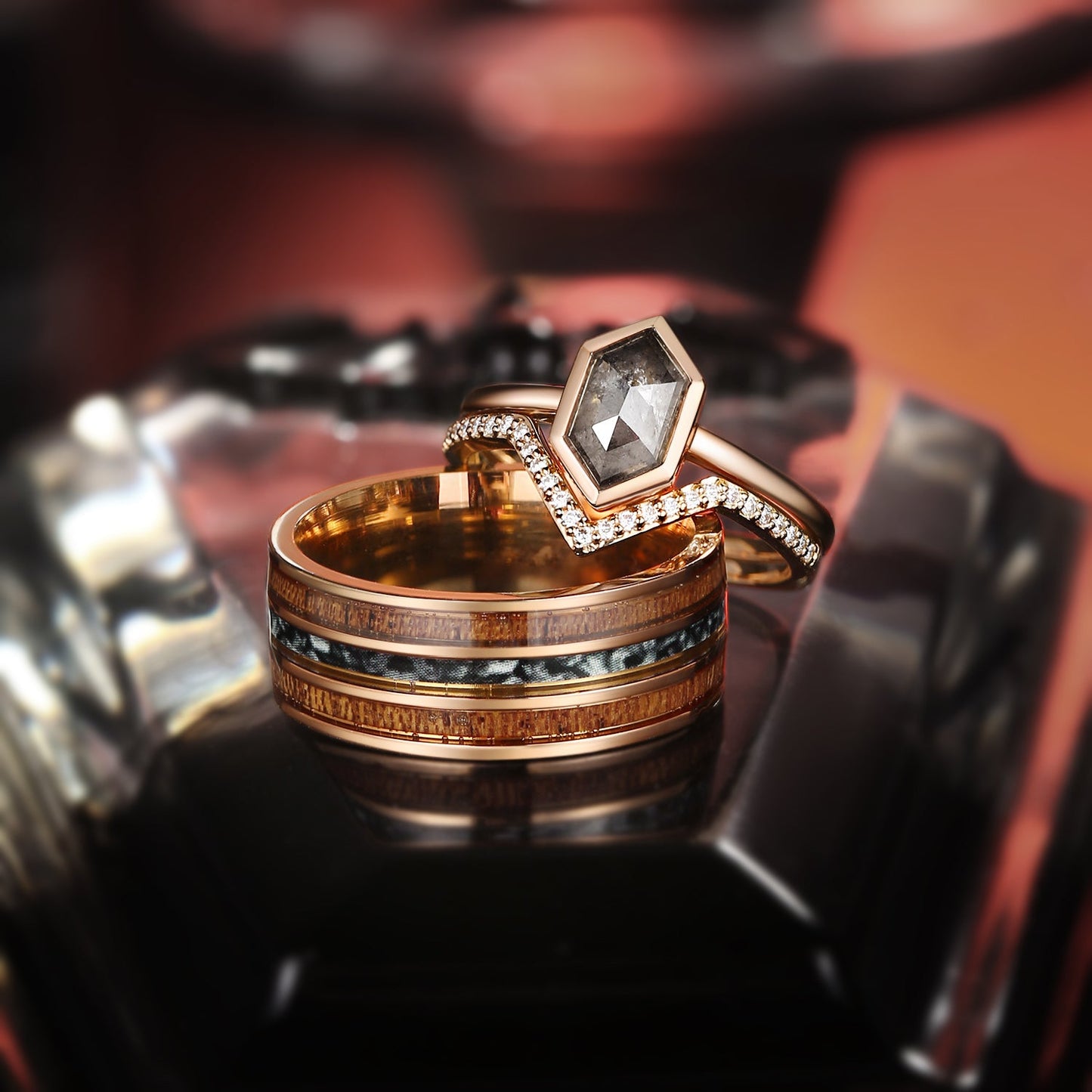 Long Hexagon Salt And Pepper Diamond Bezel Ring / Wooden Electroplated Band Couple Bridal Ring Set