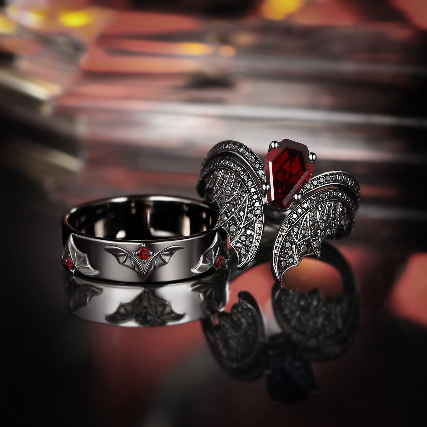 Bat Wing Inspired Coffin Garnet & Black Moissanite Couple Bridal Ring Set