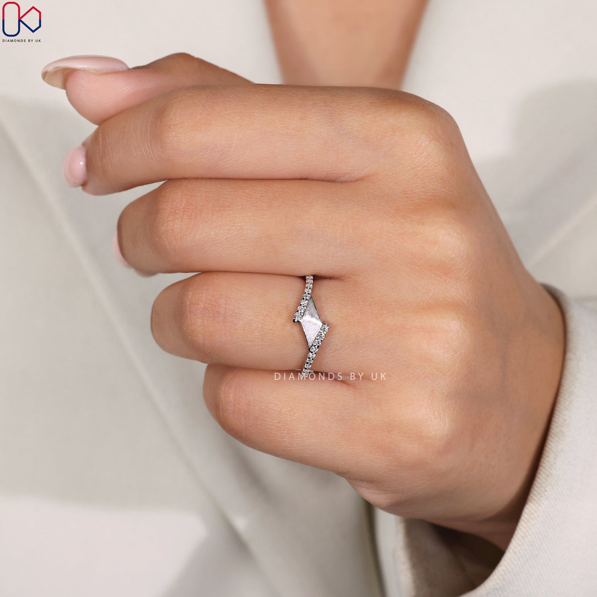 Round Diamond Matte Finish Bypass Wedding Band
