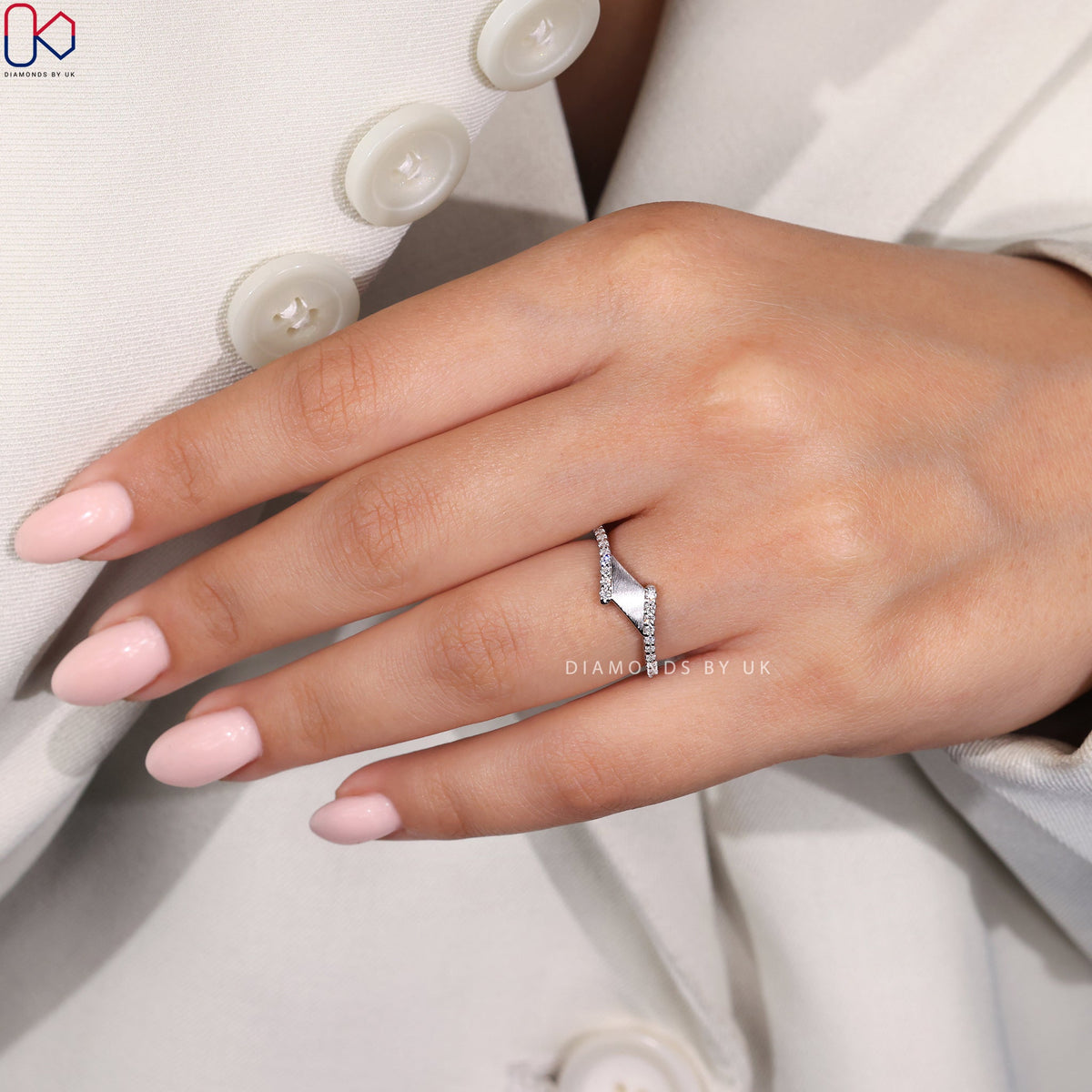 Round Diamond Matte Finish Bypass Wedding Band