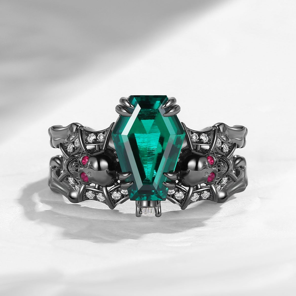 Gothic Inspired Skull & Skeleton Coffin Cut Lab Emerald 2-in-1 Engagement Ring