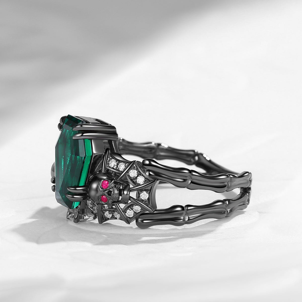 Gothic Inspired Skull & Skeleton Coffin Cut Lab Emerald 2-in-1 Engagement Ring