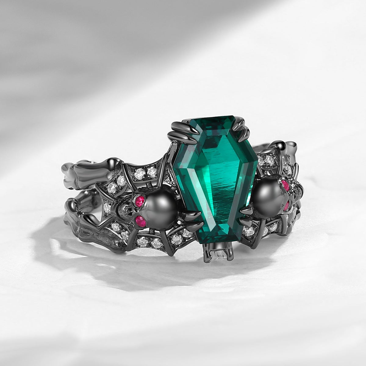 Gothic Inspired Skull & Skeleton Coffin Cut Lab Emerald 2-in-1 Engagement Ring