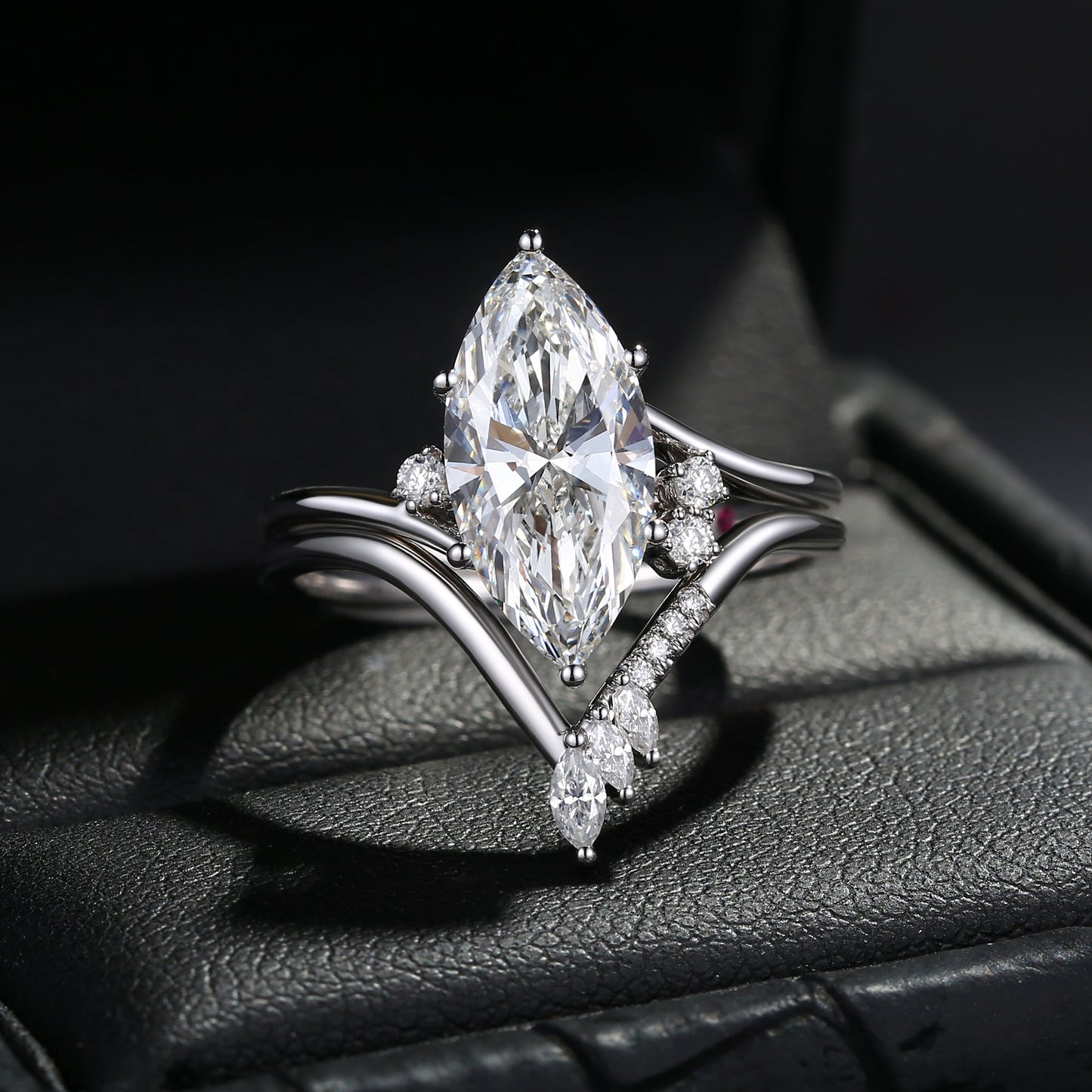 Classic Style Marquise Cut Moissanite Twist Elegant Engagement Ring Bridal Set 2pcs