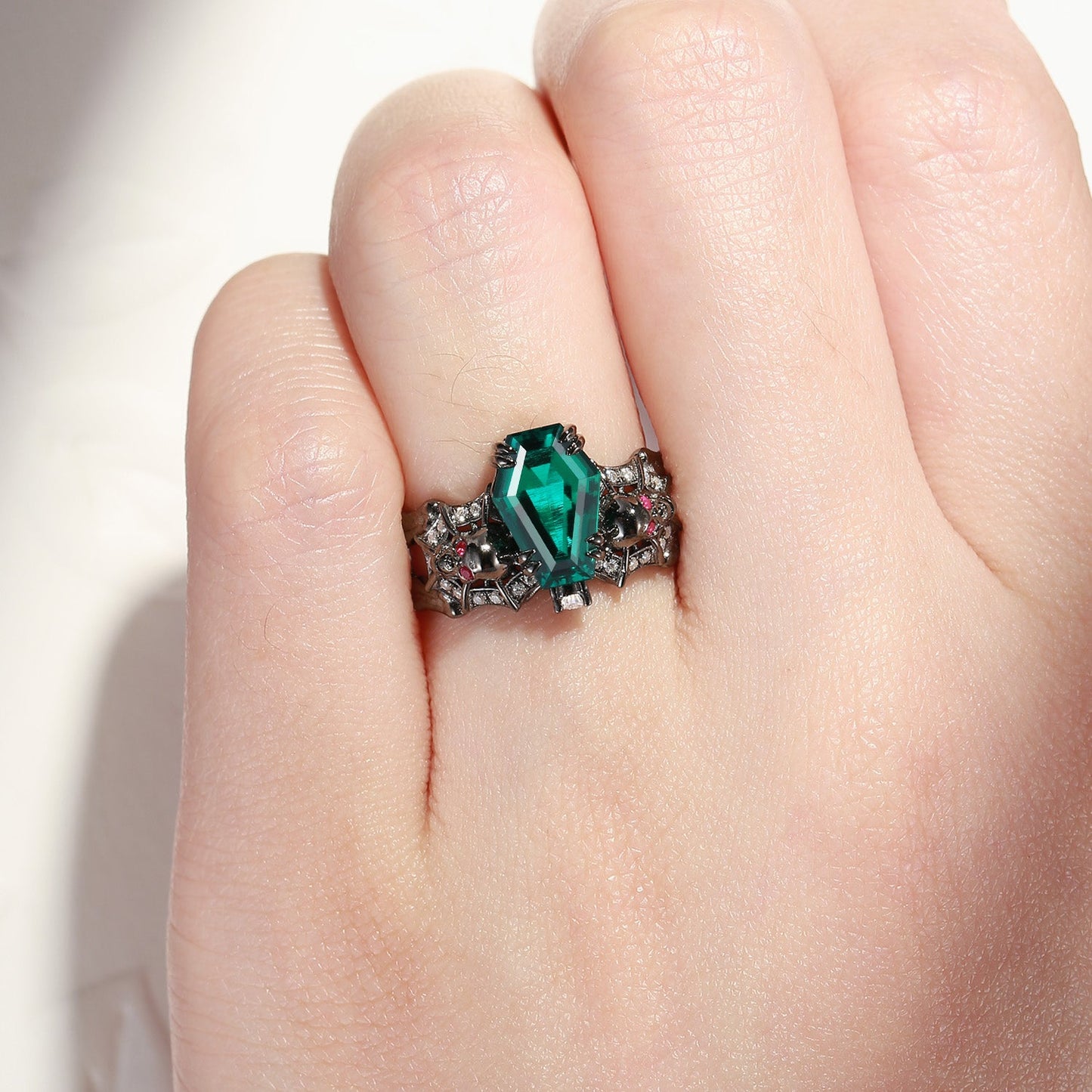 Gothic Inspired Skull & Skeleton Coffin Cut Lab Emerald 2-in-1 Engagement Ring