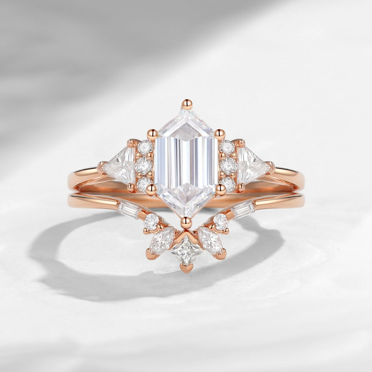 Classic Cluster Long Hexagon Cut Moissanite Engagement Ring Set 2pcs