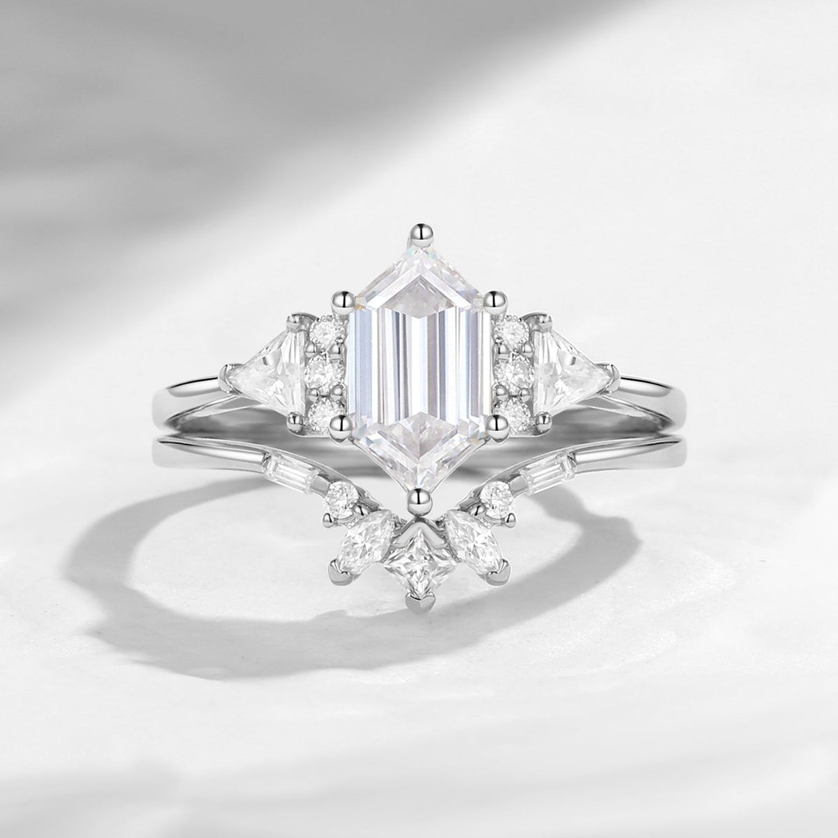 Classic Cluster Long Hexagon Cut Moissanite Engagement Ring Set 2pcs