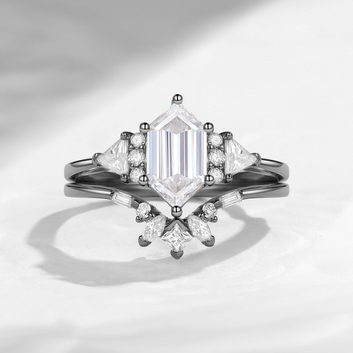 Classic Cluster Long Hexagon Cut Moissanite Engagement Ring Set 2pcs