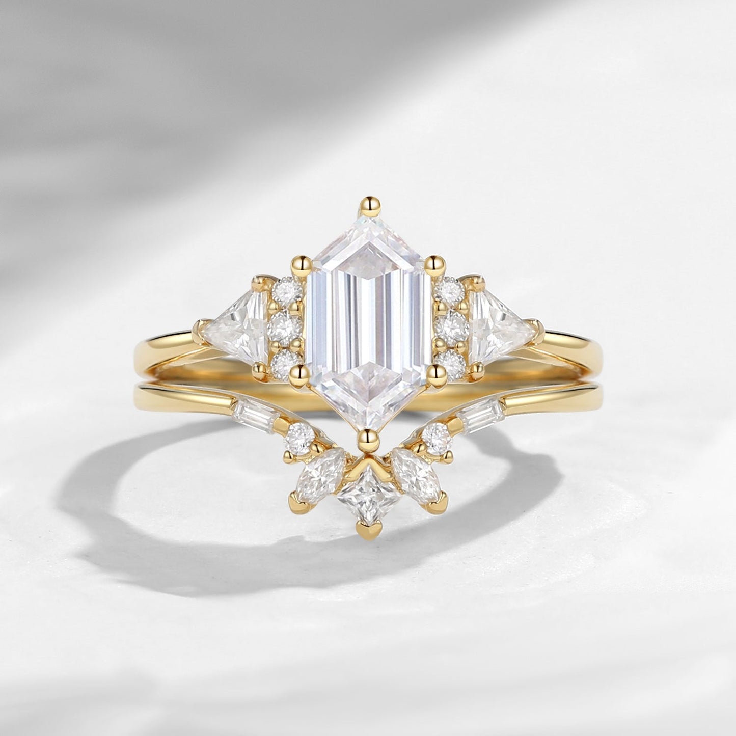 Classic Cluster Long Hexagon Cut Moissanite Engagement Ring Set 2pcs