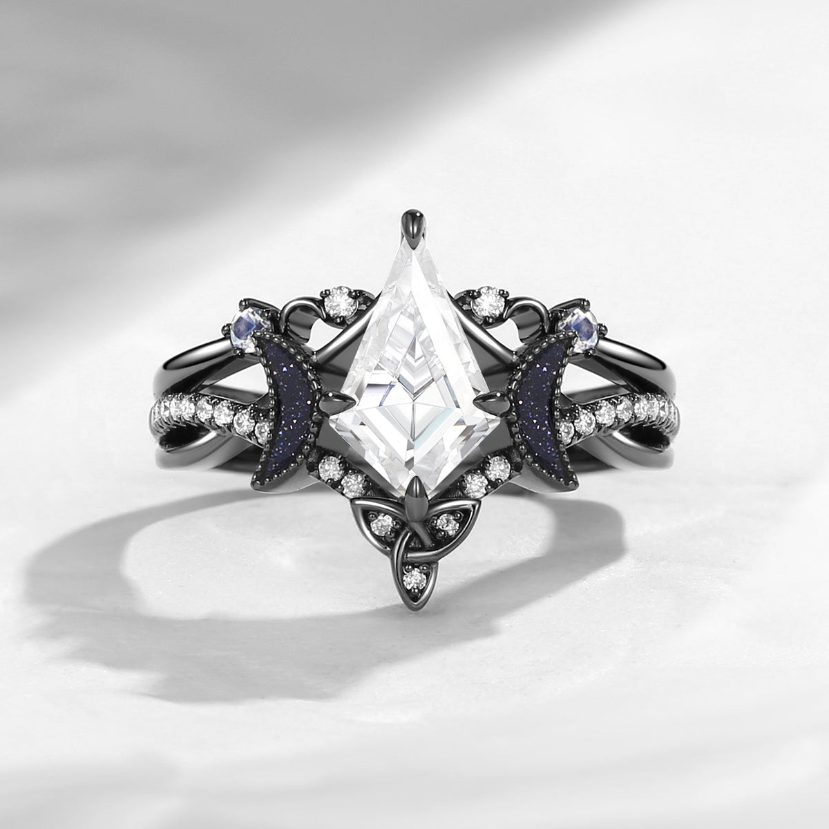 Celtic Moon - Kite Shaped Art Deco Moissanite Bridal Set In Black Gold
