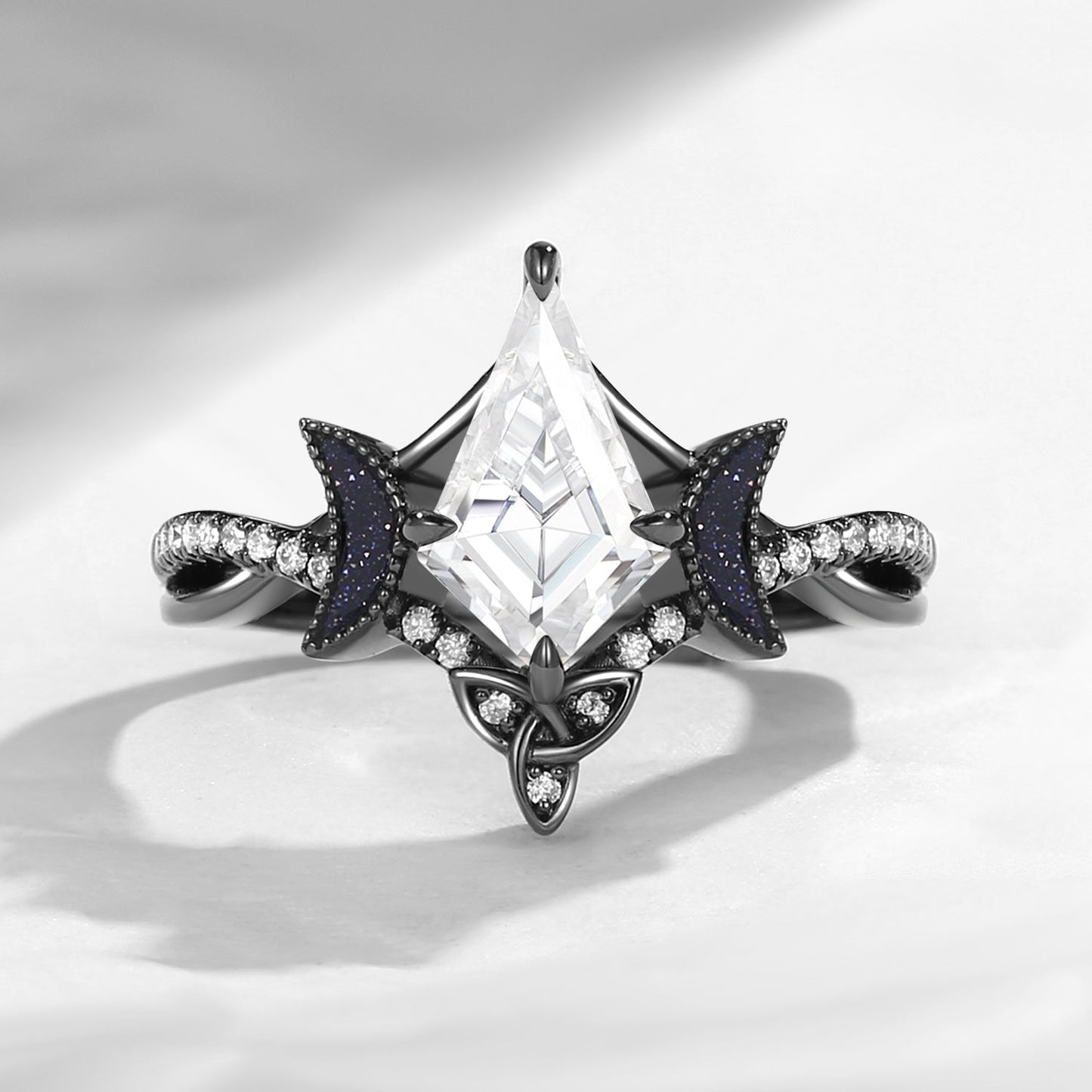 Celtic Moon - Kite Cut Moissanite Twist Celtic Moon Black Gold Engagement Ring