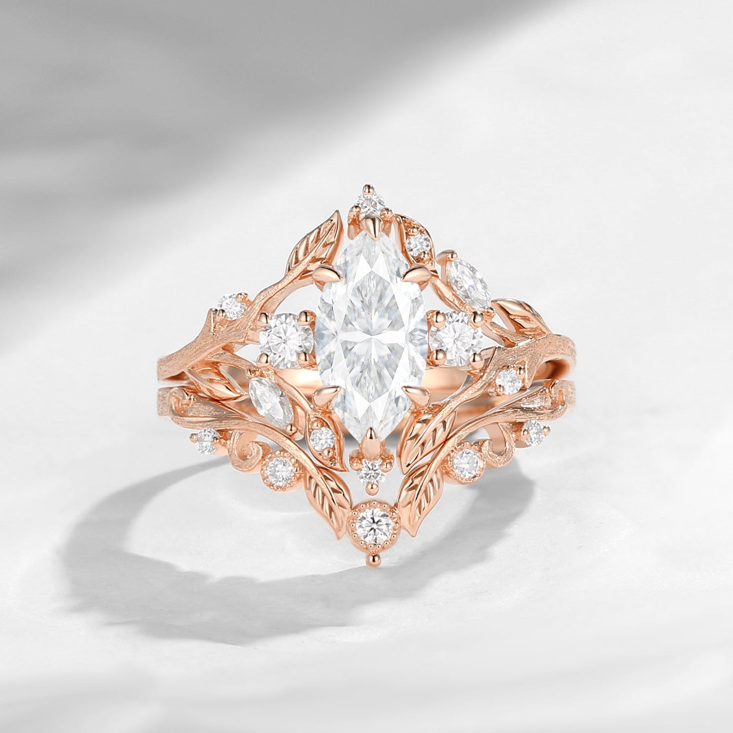 Nature Inspired Marquise Moissanite Garden Engagement Ring Set 2pcs