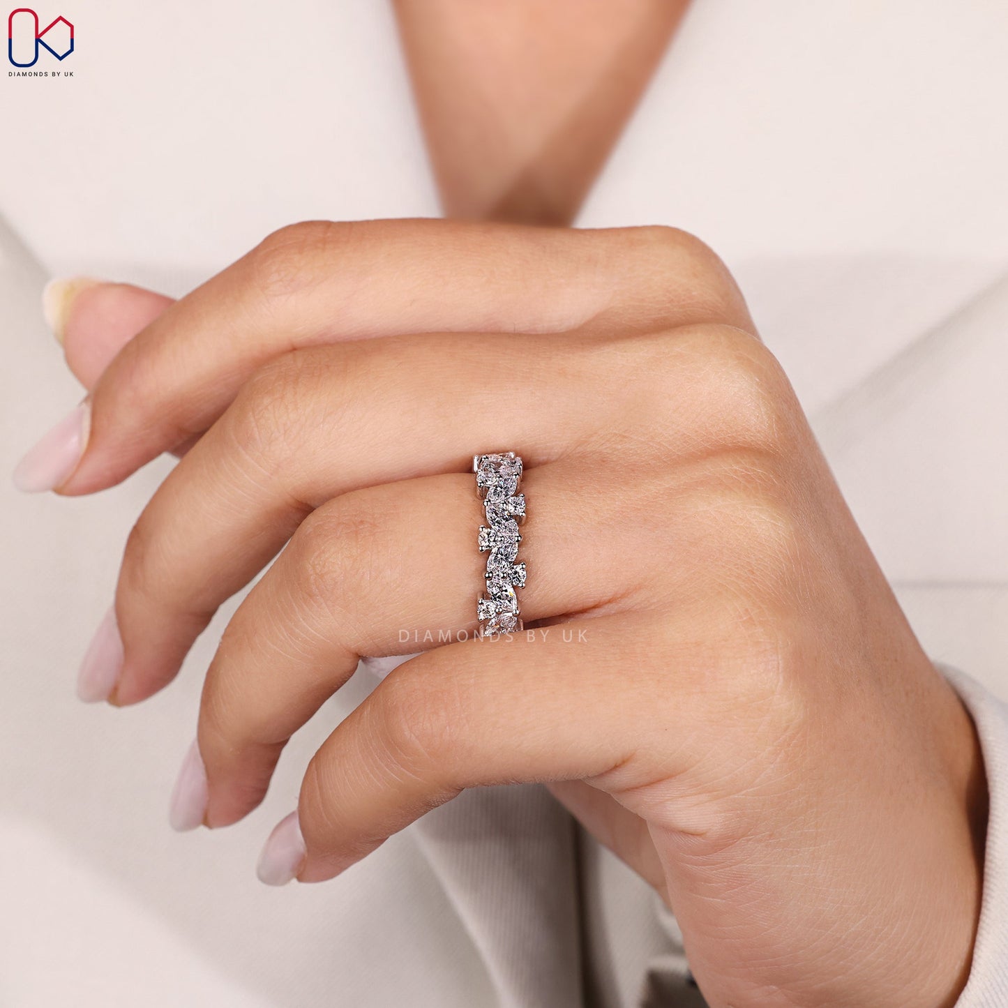 Marquise and Round Diamond White Gold Band