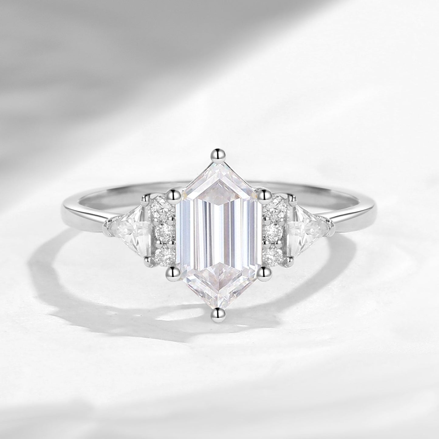 Classic Cluster Long Hexagon Cut Moissanite Engagement Ring
