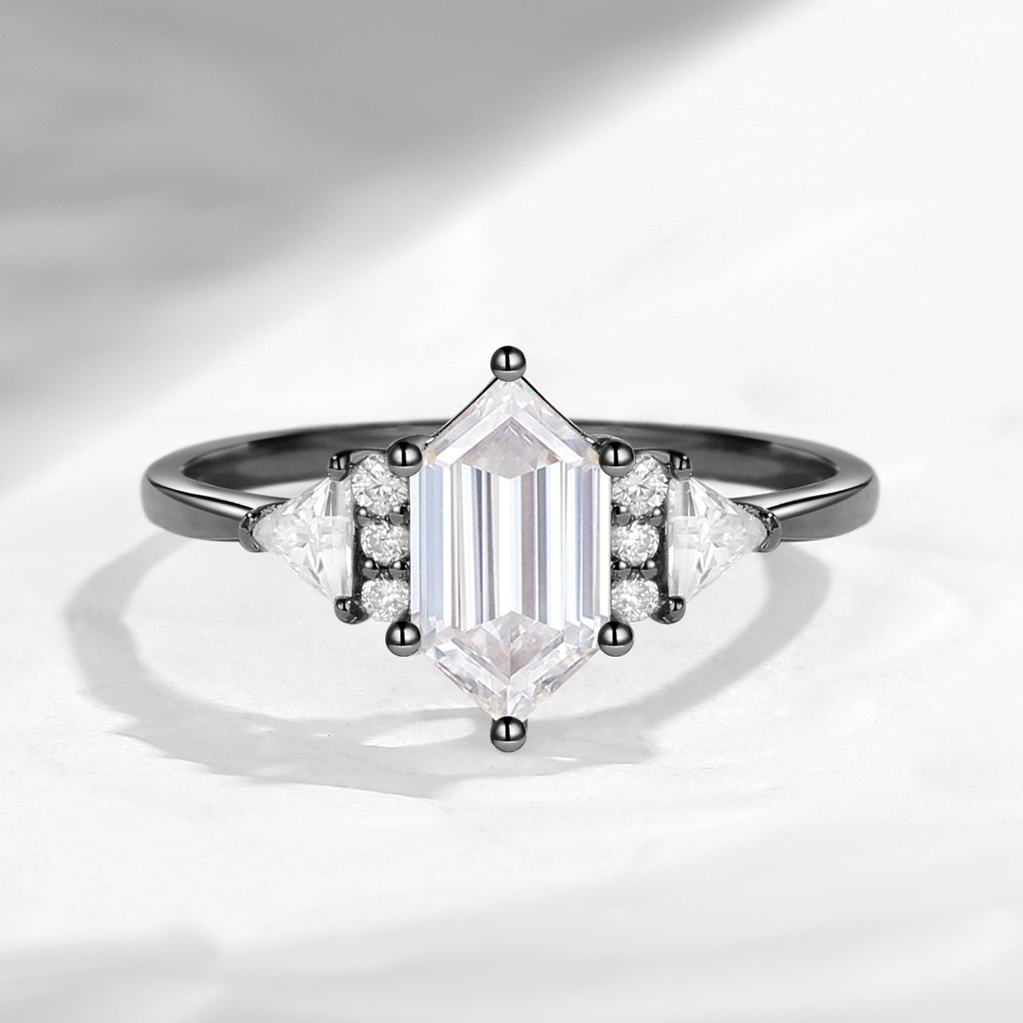 Classic Cluster Long Hexagon Cut Moissanite Engagement Ring
