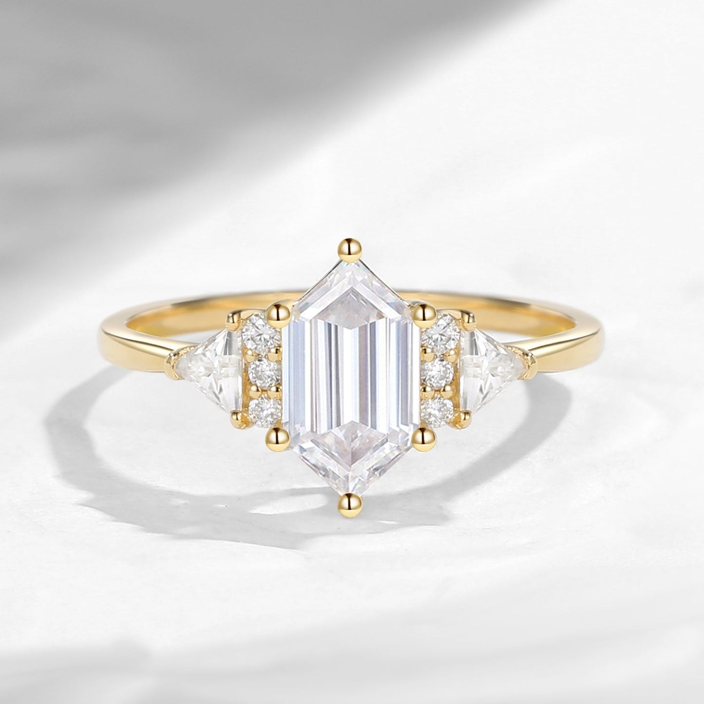 Classic Cluster Long Hexagon Cut Moissanite Engagement Ring