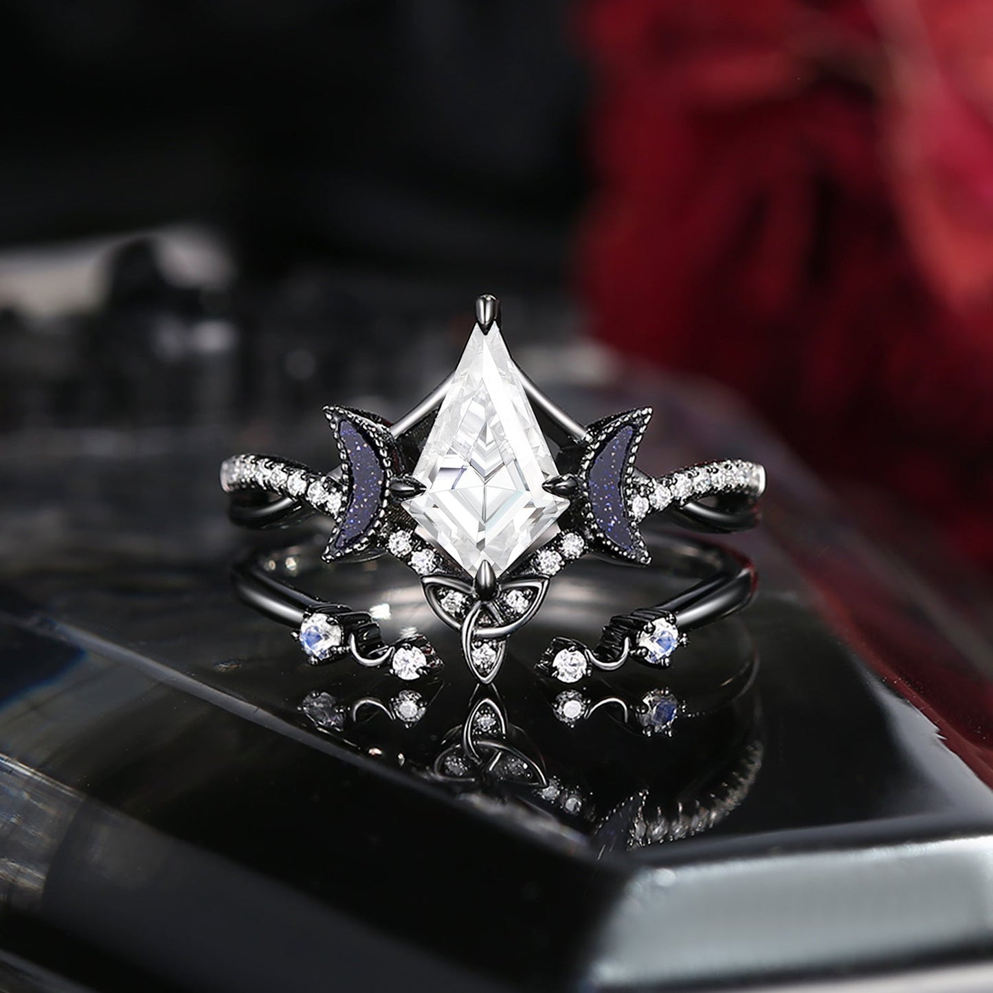Celtic Moon - Kite Shaped Art Deco Moissanite Bridal Set In Black Gold