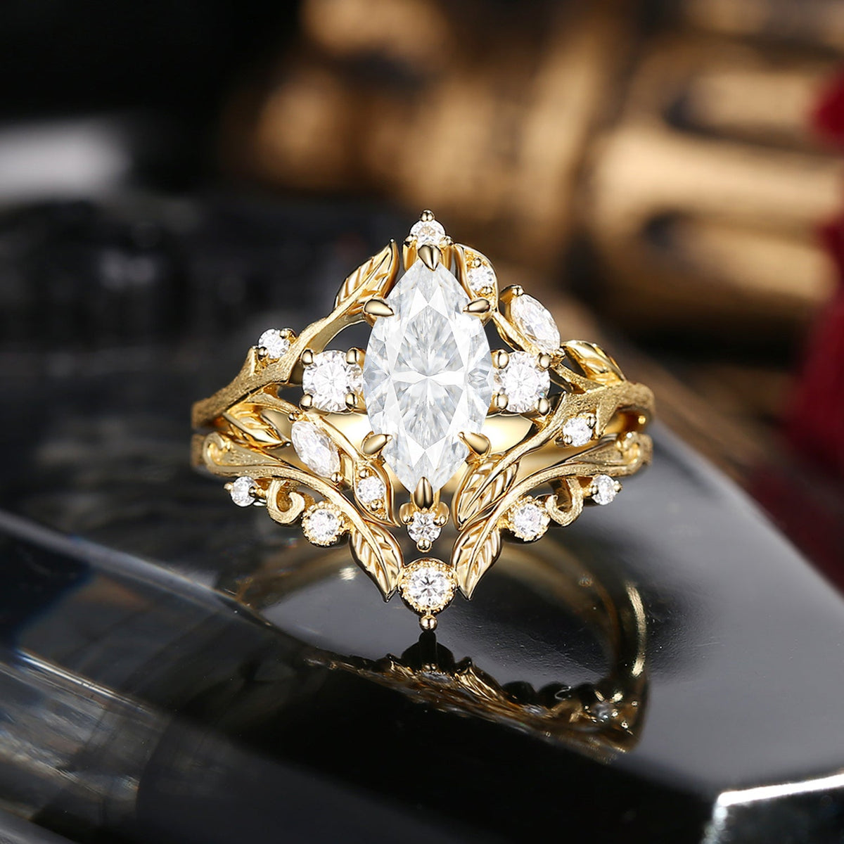Nature Inspired Marquise Moissanite Garden Engagement Ring Set 2pcs