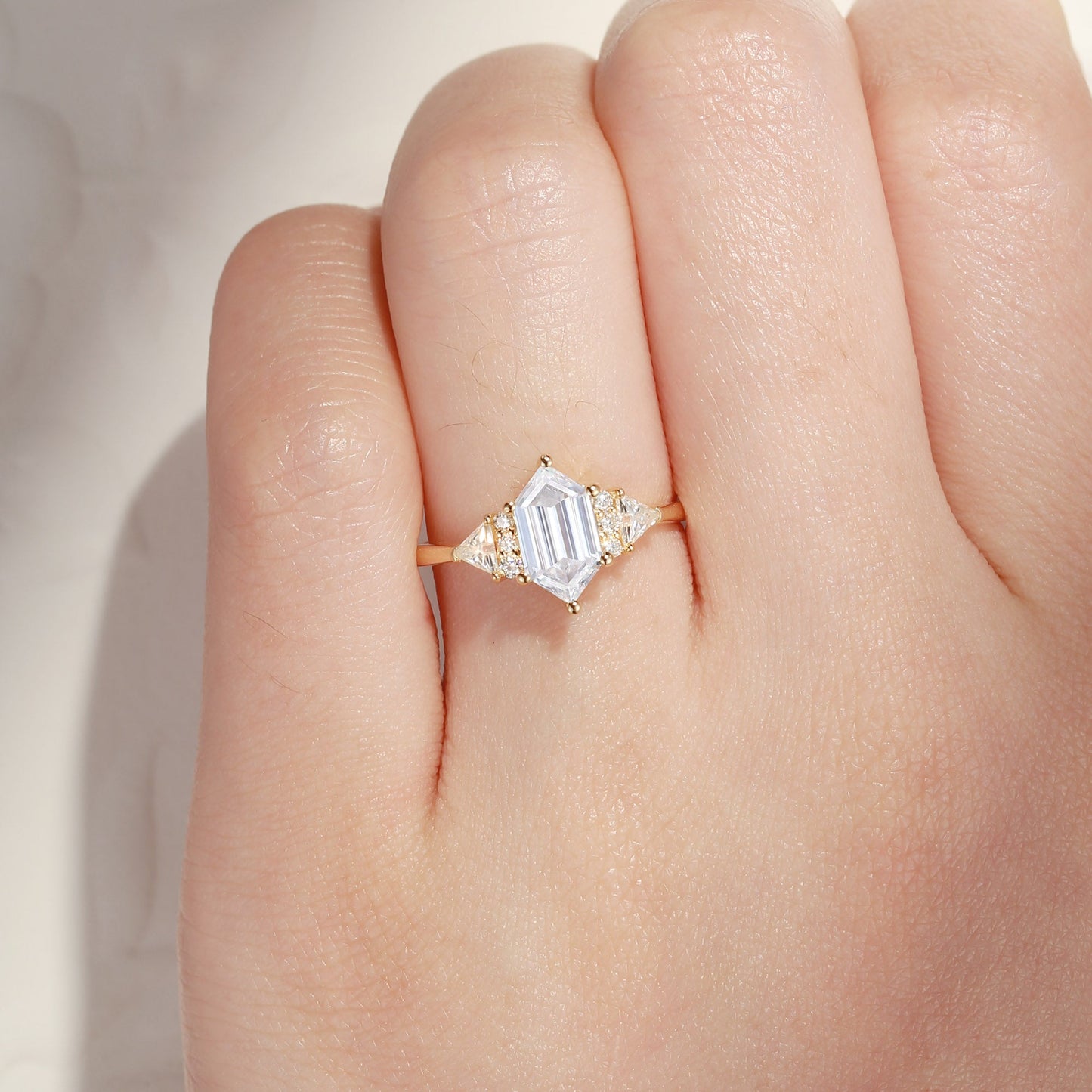 Classic Cluster Long Hexagon Cut Moissanite Engagement Ring