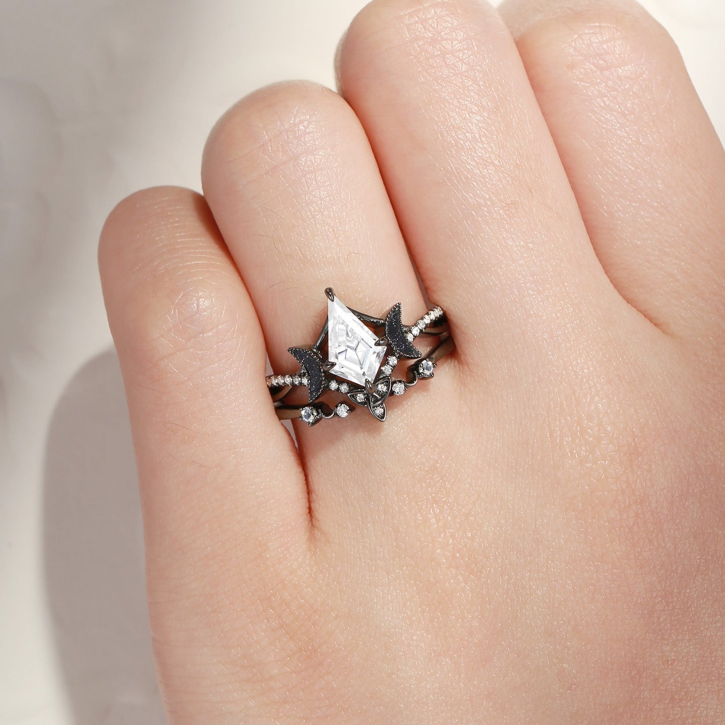 Celtic Moon - Kite Shaped Art Deco Moissanite Bridal Set In Black Gold