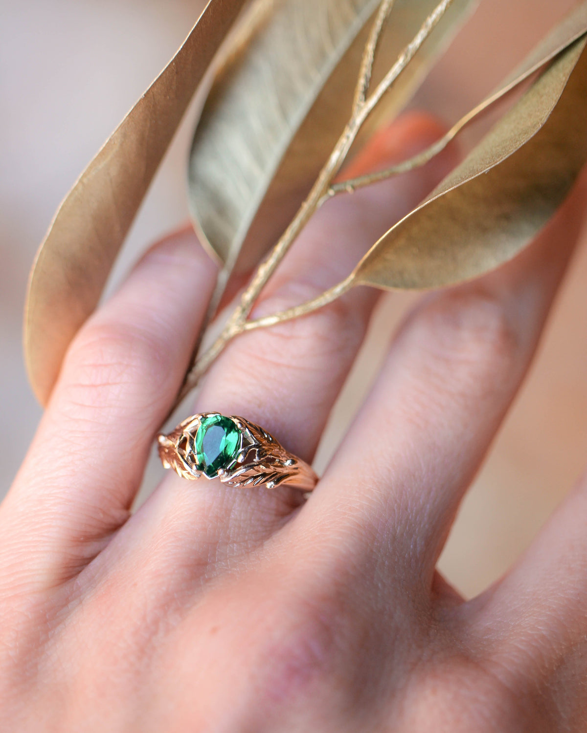 READY TO SHIP: Wisteria engagement ring with pear cut lab emerald in 14K yellow gold, AVAILABLE RING SIZES: 5.5 - 8.5 US
