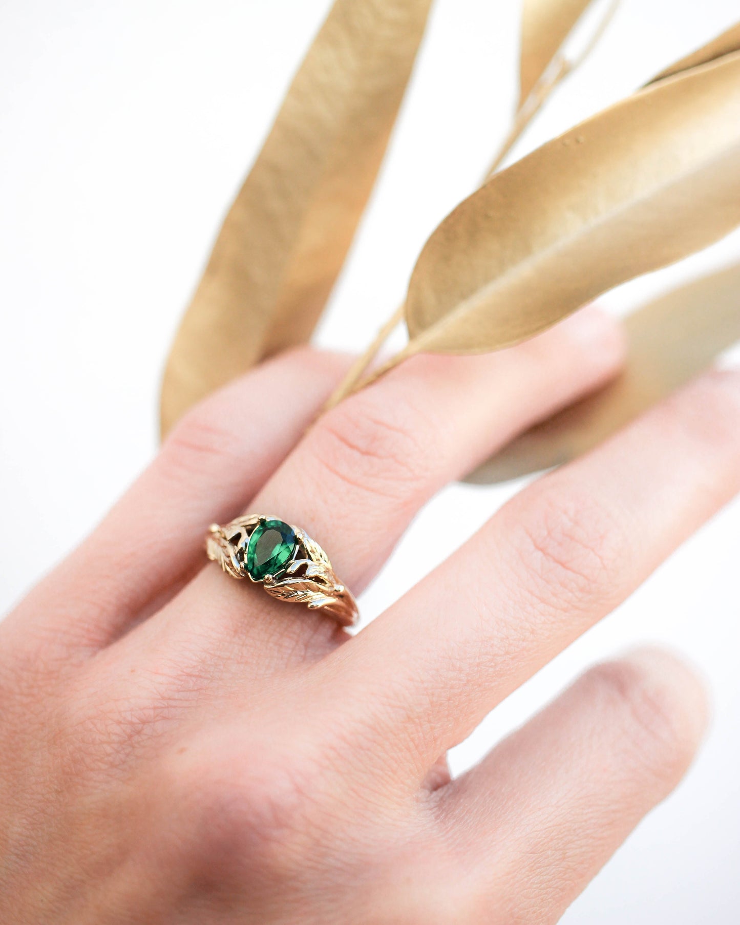 READY TO SHIP: Wisteria engagement ring with pear cut lab emerald in 14K yellow gold, AVAILABLE RING SIZES: 5.5 - 8.5 US
