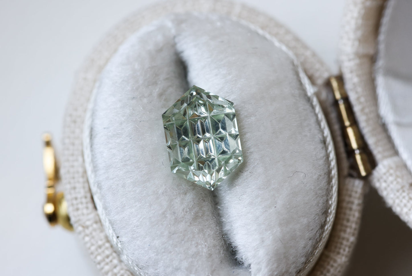 2.25ct hexagon lab sapphire, Luminara cut by Fellowship Forge