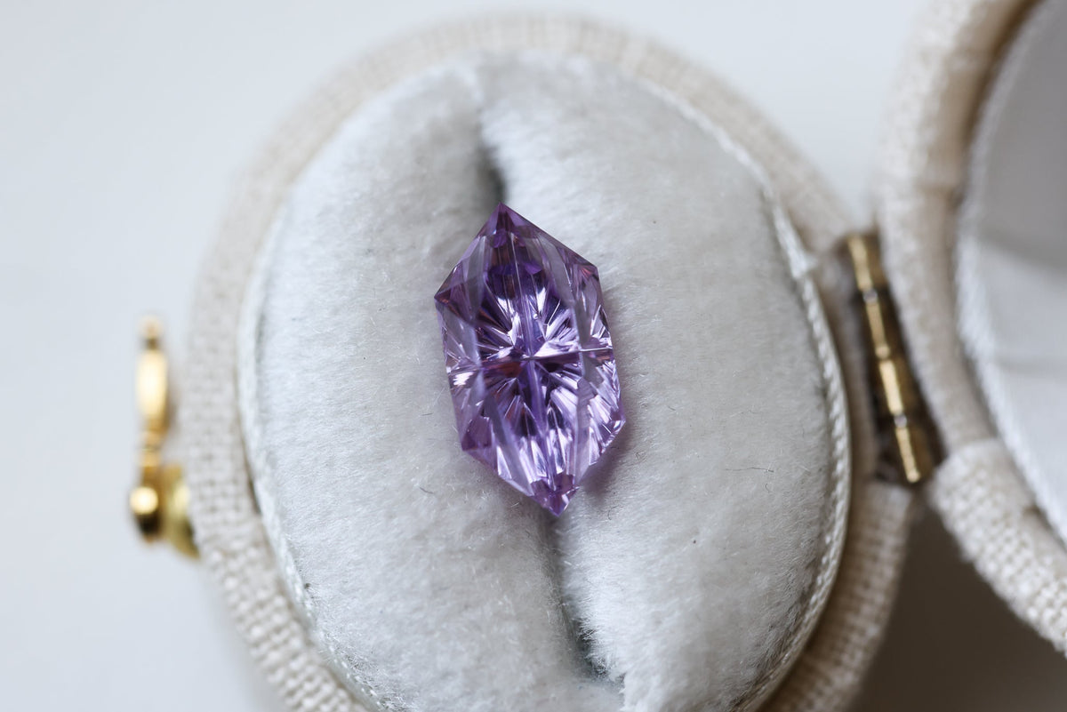 3.30ct hexagon lab sapphire, Fantasy cut by Fellowship Forge