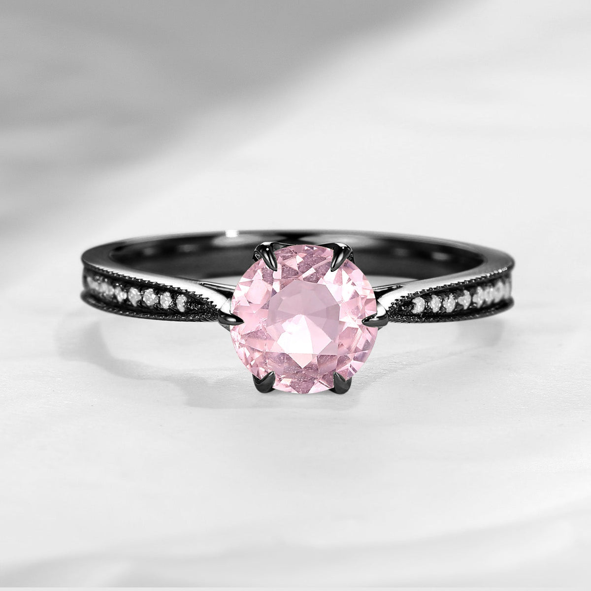 Antique Round Cut Natural Pink Tourmaline Milgrain Engagement Ring