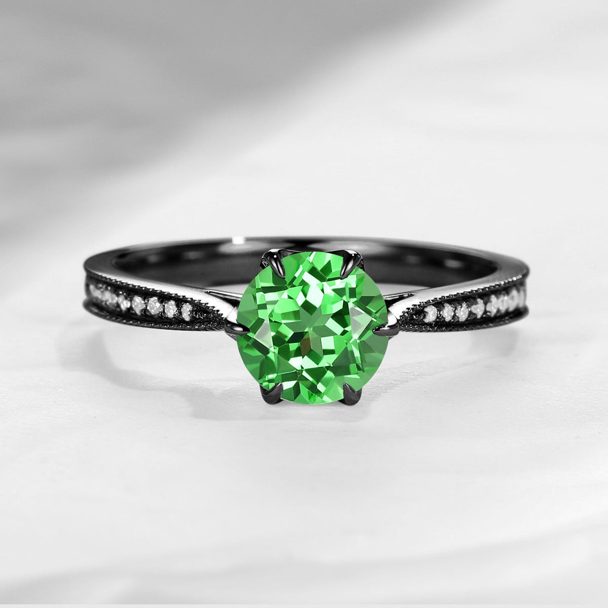 Antique Round Cut Lab Tsavorite Milgrain Engagement Ring