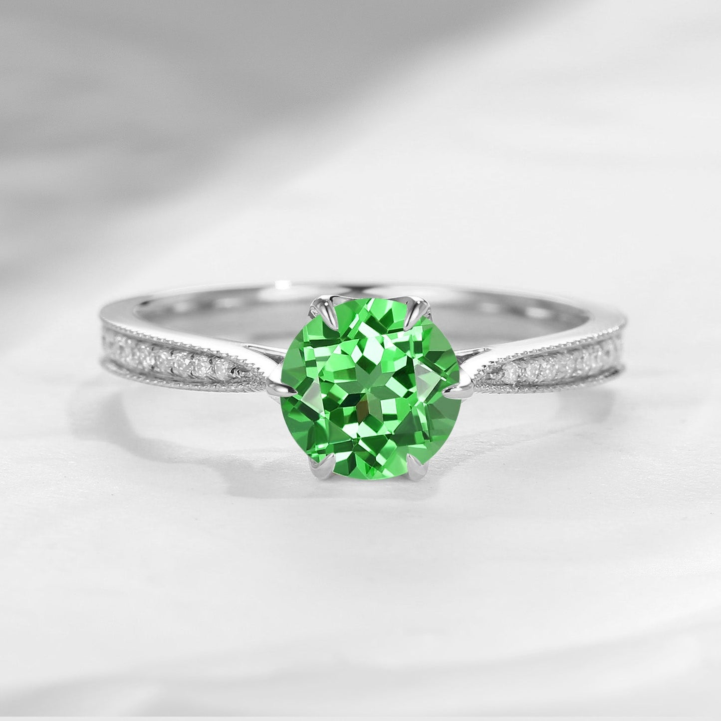 Antique Round Cut Lab Tsavorite Milgrain Engagement Ring