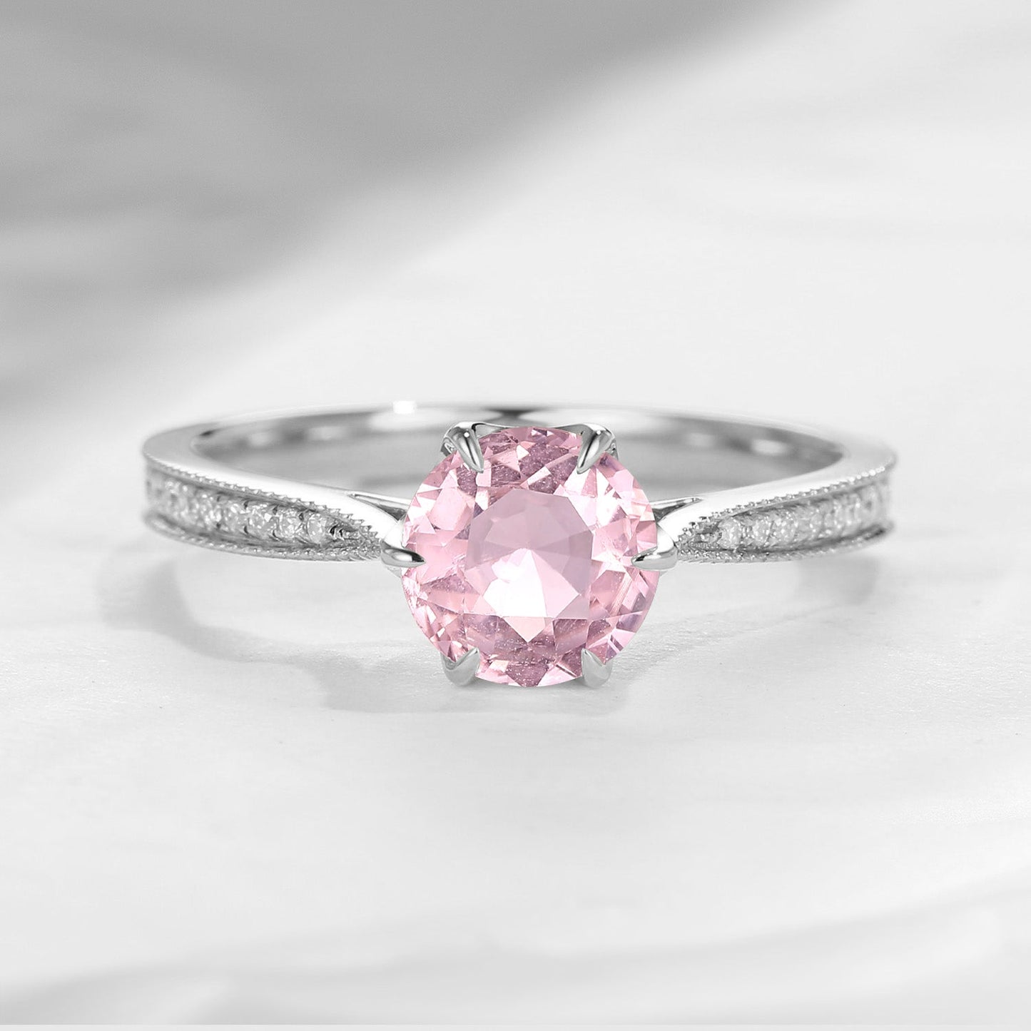 Antique Round Cut Natural Pink Tourmaline Milgrain Engagement Ring