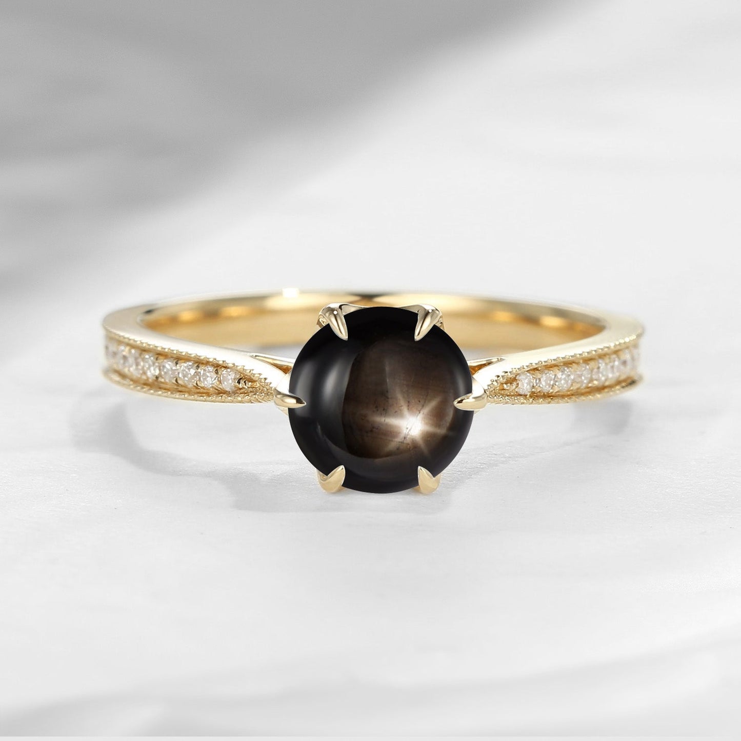 Antique Round Cut Natural Black Star Sapphire Milgrain Engagement Ring