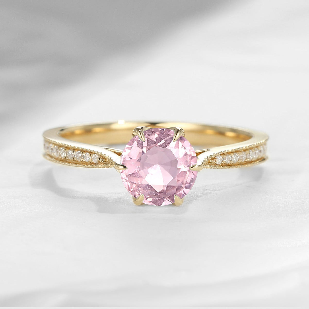 Antique Round Cut Natural Pink Tourmaline Milgrain Engagement Ring