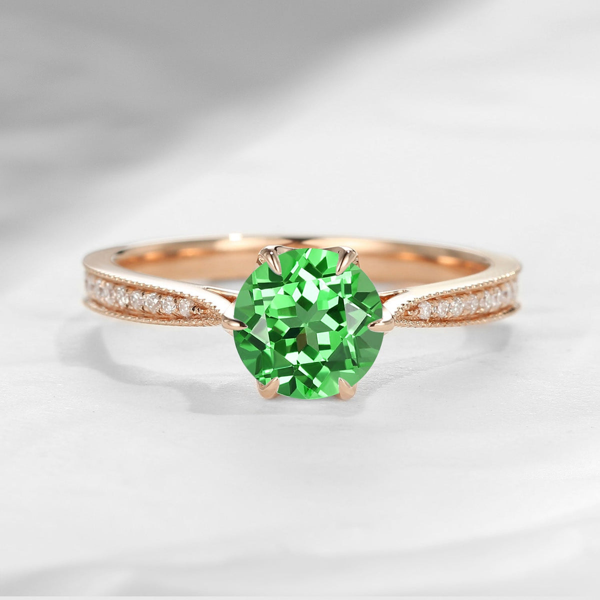 Antique Round Cut Lab Tsavorite Milgrain Engagement Ring