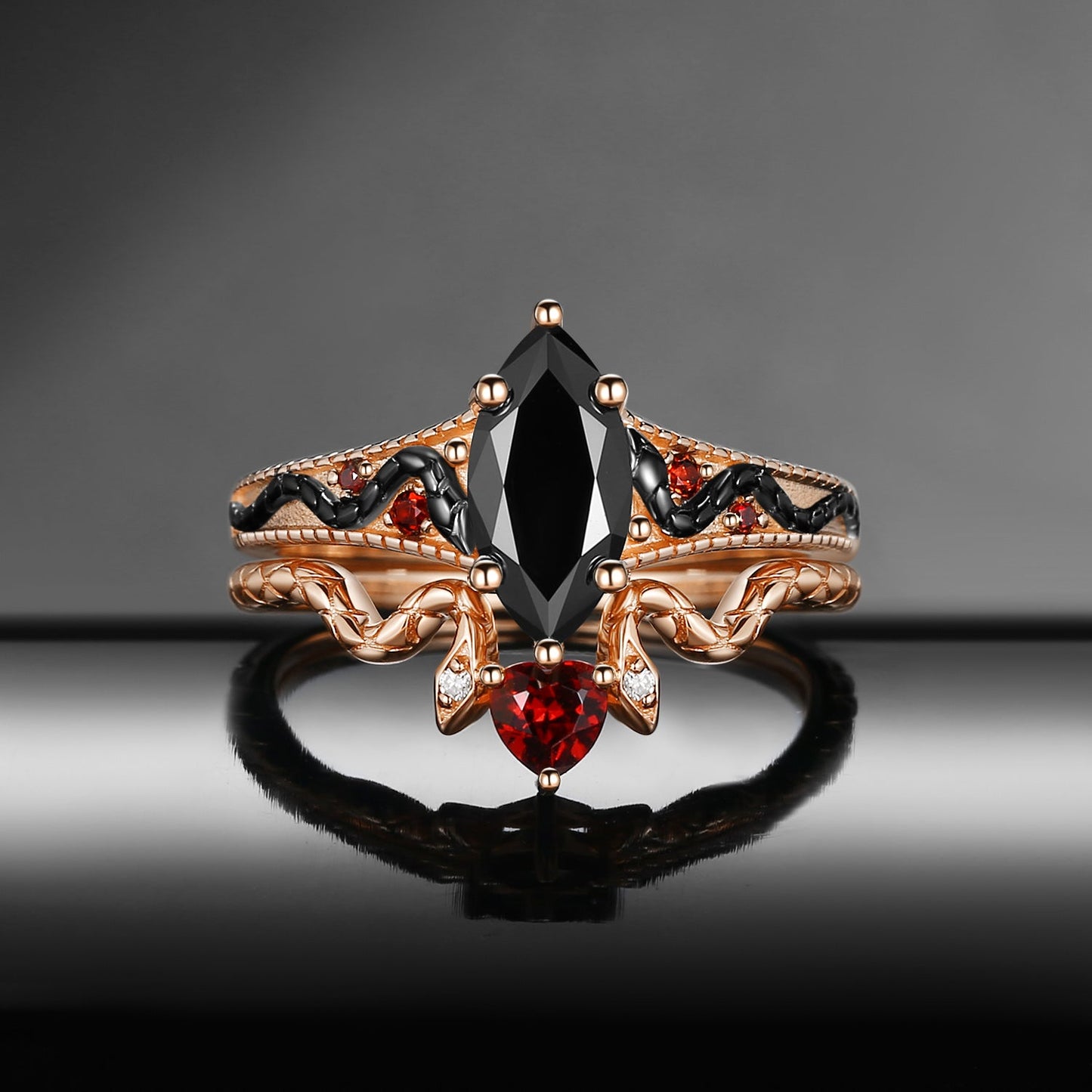 Gothic Marquise Cut Black Moissanite 'Serpent's Embrace' Two-Tone Engagement Ring Set 2pcs
