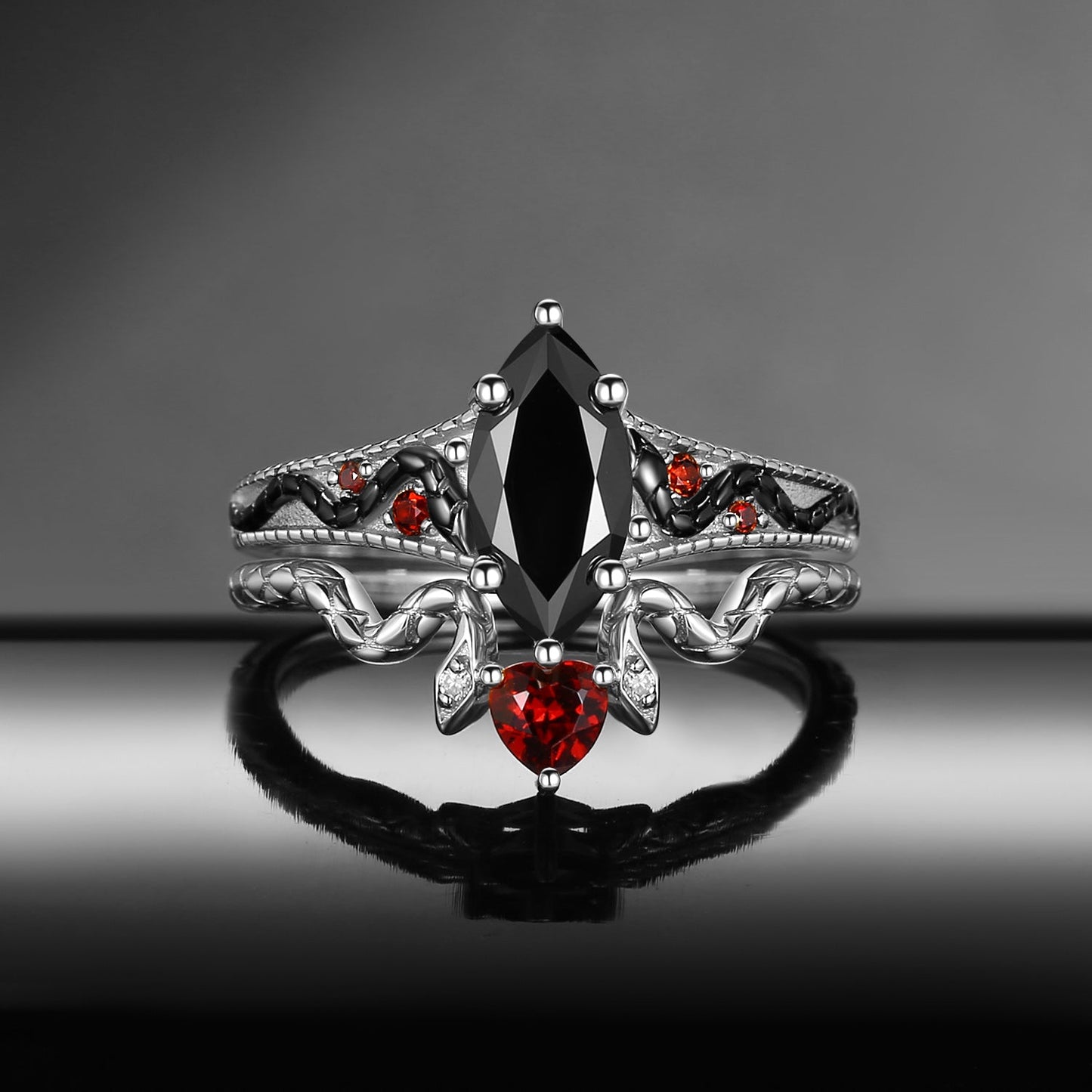 Gothic Marquise Cut Black Moissanite 'Serpent's Embrace' Two-Tone Engagement Ring Set 2pcs