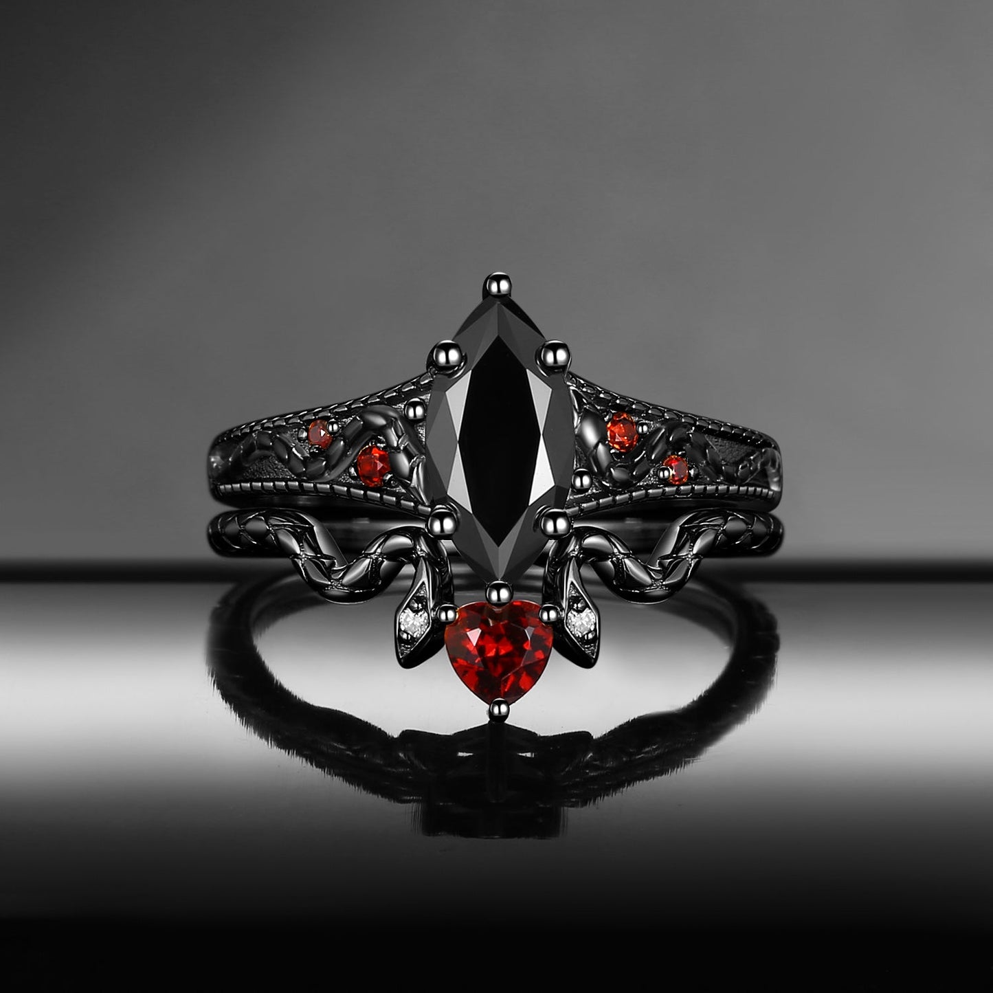 Gothic Marquise Cut Black Moissanite 'Serpent's Embrace' Two-Tone Engagement Ring Set 2pcs