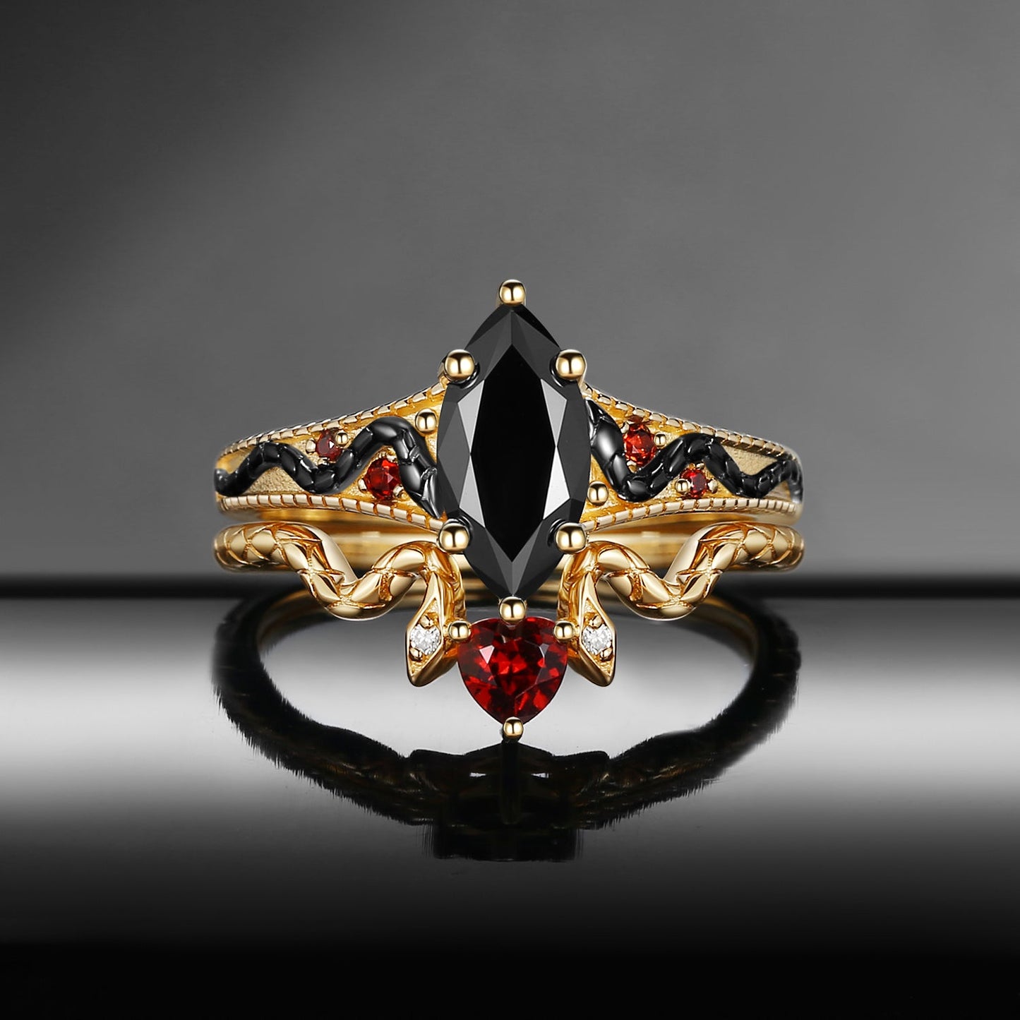 Gothic Marquise Cut Black Moissanite 'Serpent's Embrace' Two-Tone Engagement Ring Set 2pcs