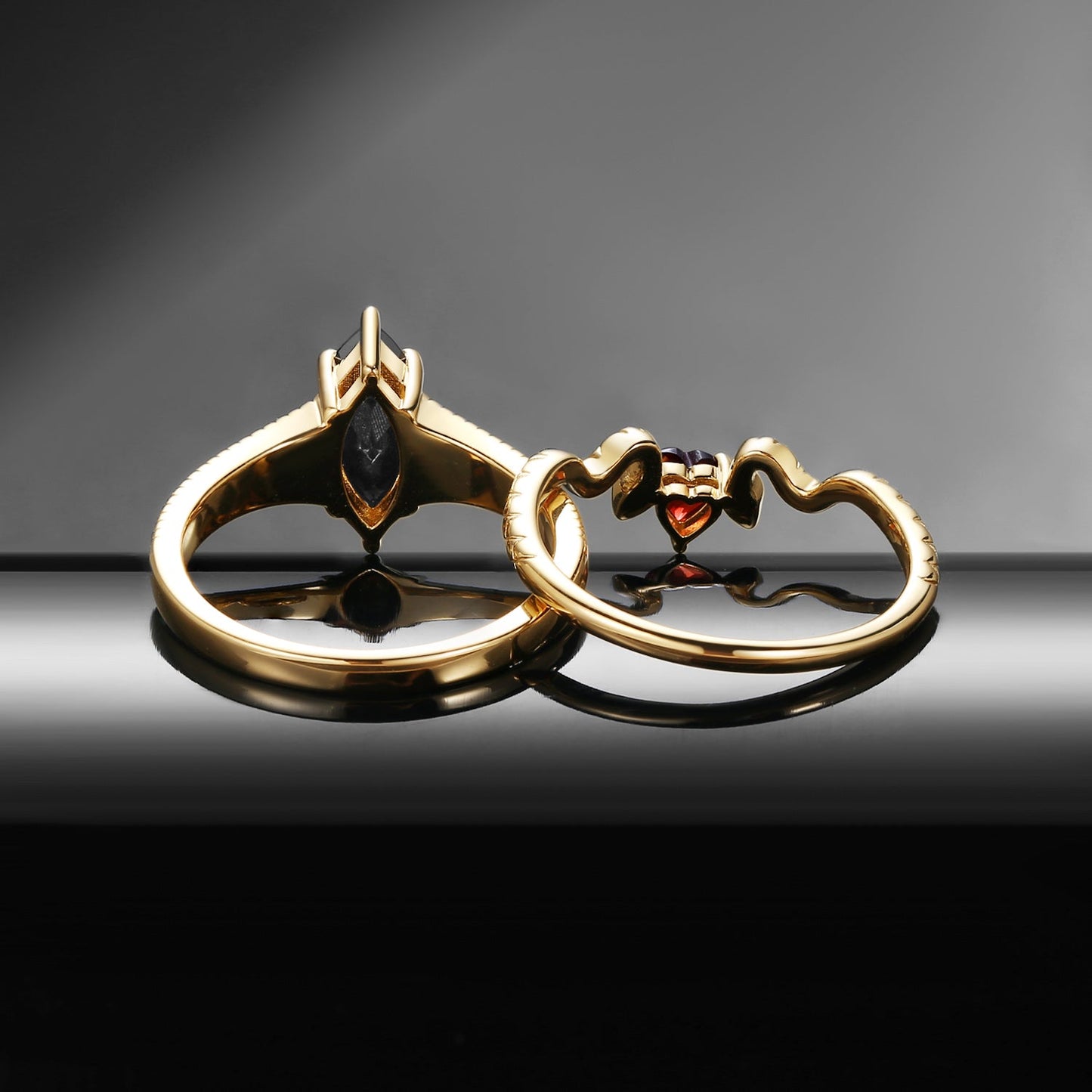 Gothic Marquise Cut Black Moissanite 'Serpent's Embrace' Two-Tone Engagement Ring Set 2pcs