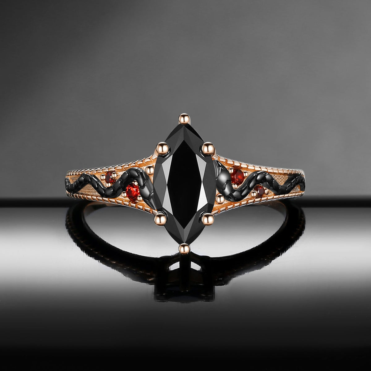 Serpent's Embrace - Gothic Marquise Cut Black Moissanite Two-Tone Engagement Ring with Snake Engraving