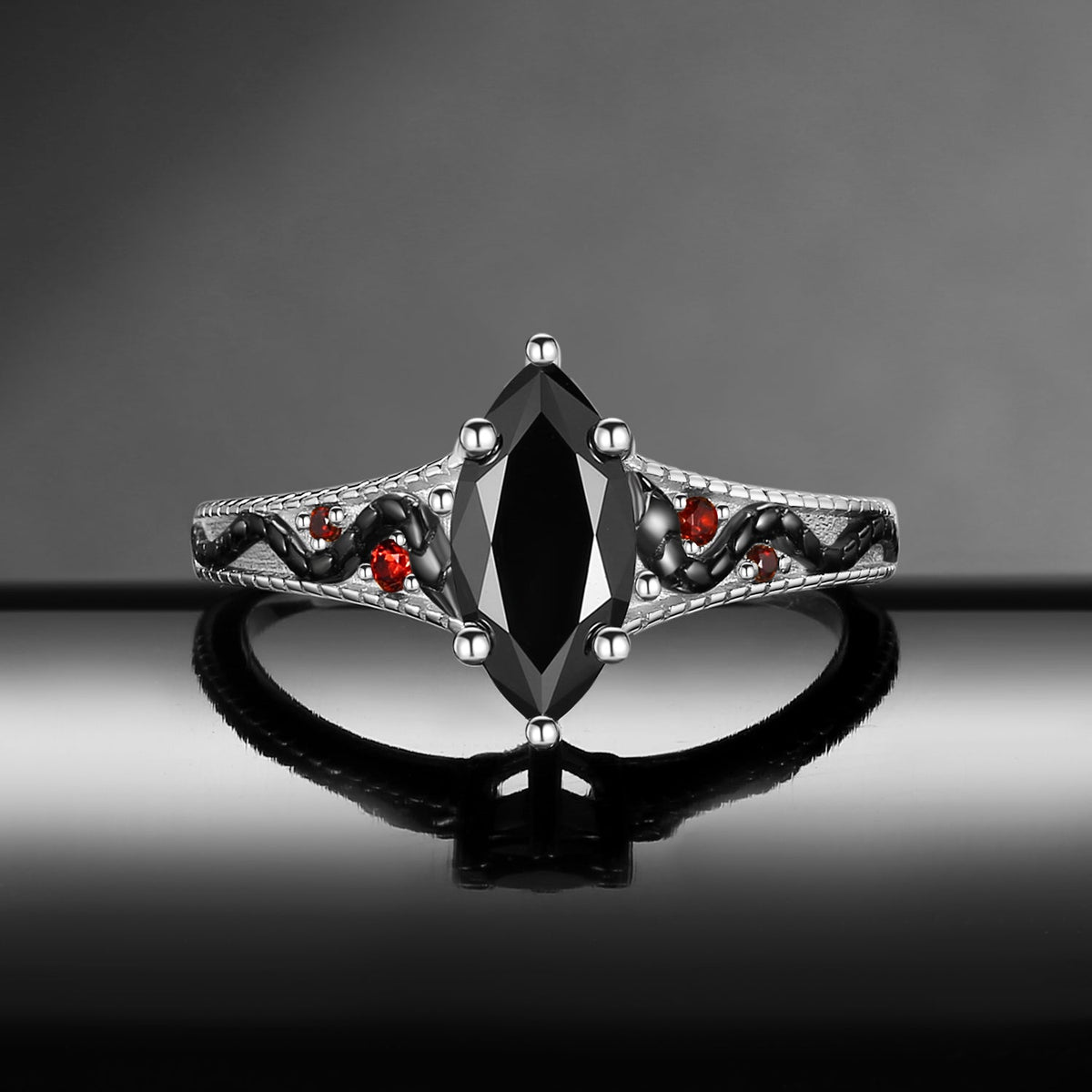 Serpent's Embrace - Gothic Marquise Cut Black Moissanite Two-Tone Engagement Ring with Snake Engraving