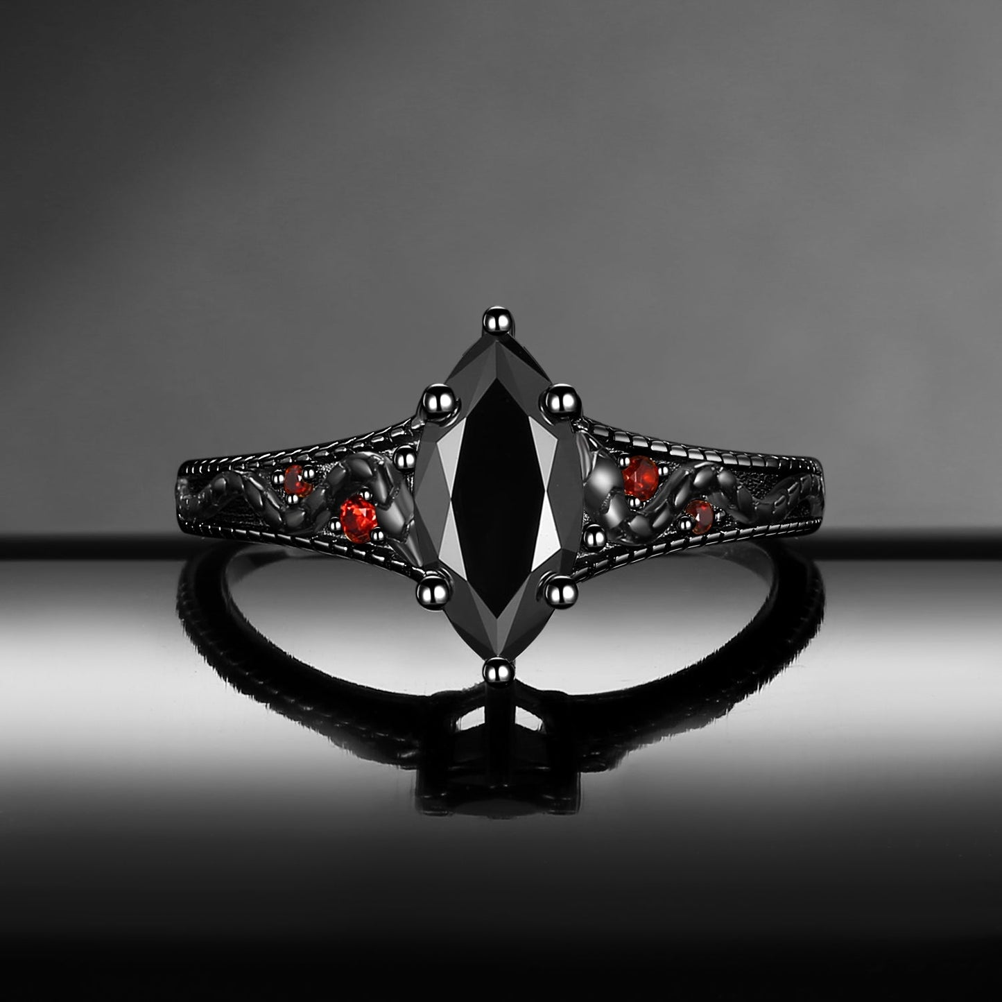 Serpent's Embrace - Gothic Marquise Cut Black Moissanite Two-Tone Engagement Ring with Snake Engraving