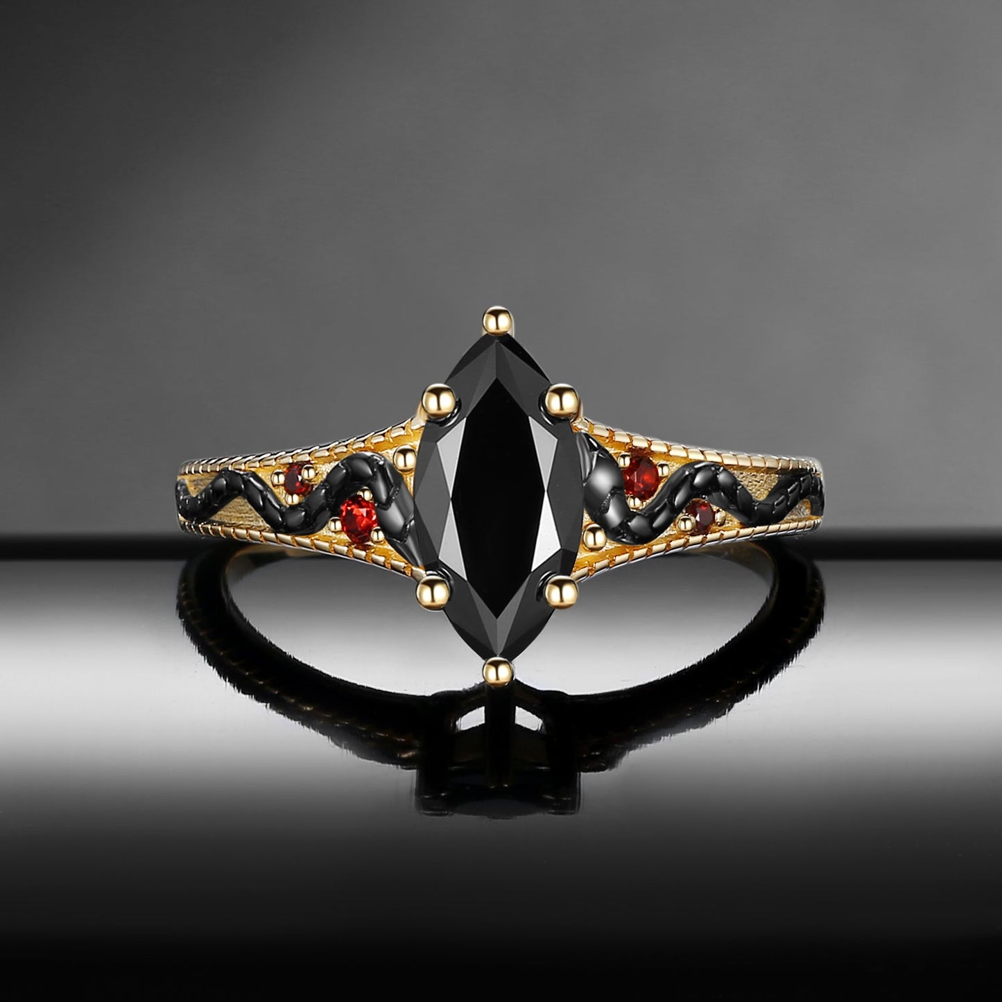 Serpent's Embrace - Gothic Marquise Cut Black Moissanite Two-Tone Engagement Ring with Snake Engraving