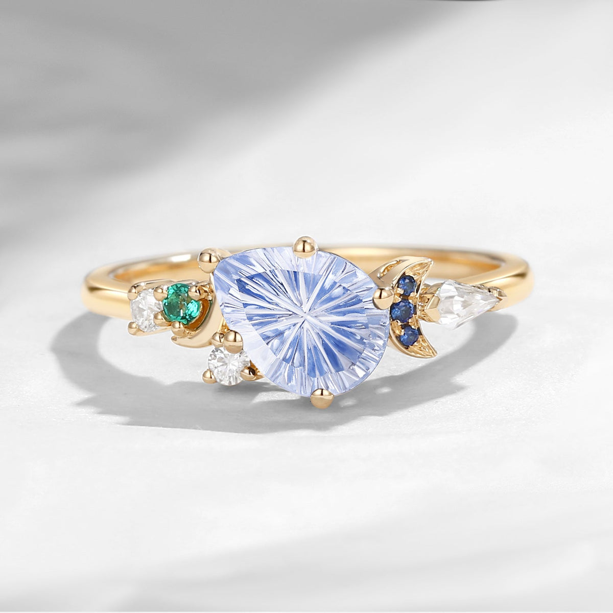 Crescent Moon - Art Deco Fantasy Cut Pear Lab Cornflower Sapphire Cluster Engagement Ring