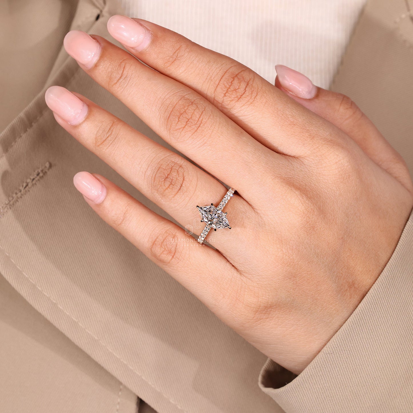 Dutch Marquise Engagement Ring with Round Cut Pave Band