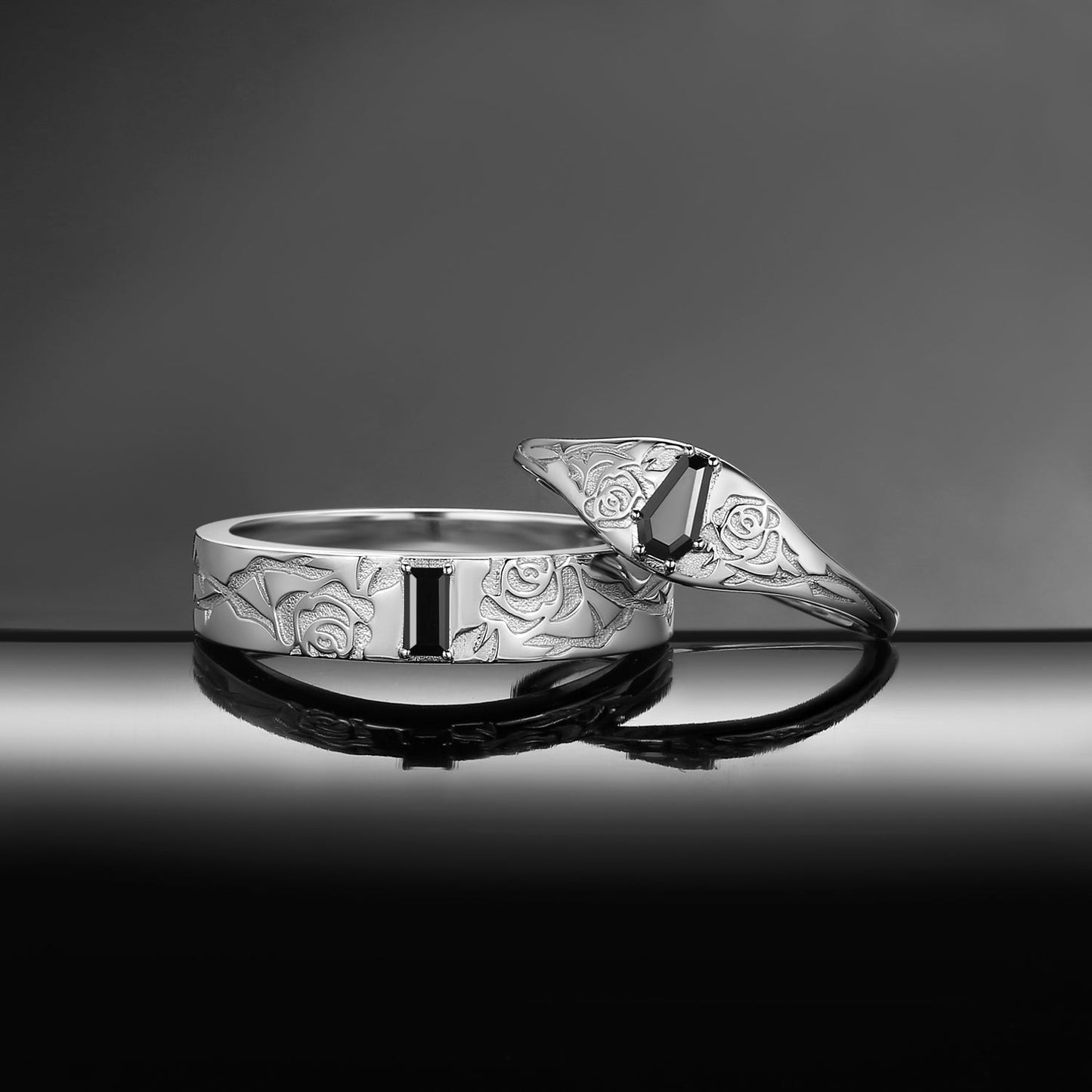 'Thorns & Roses'- Nature Inspired Gothic Coffin Cut & Rectangular Cut Black Moissanite  Couple Rings