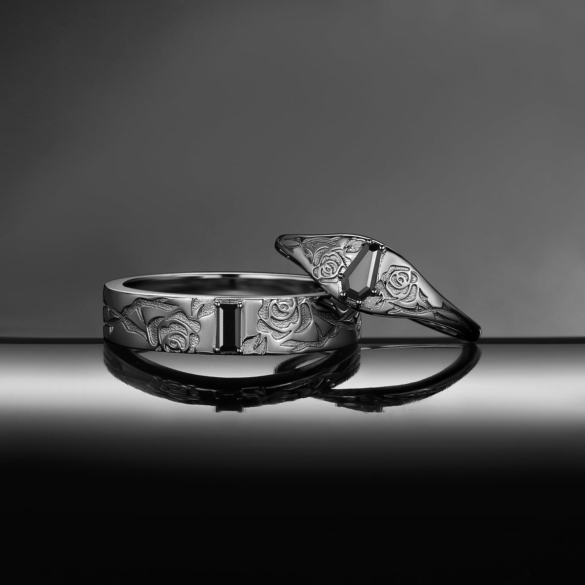 'Thorns & Roses'- Nature Inspired Gothic Coffin Cut & Rectangular Cut Black Moissanite  Couple Rings